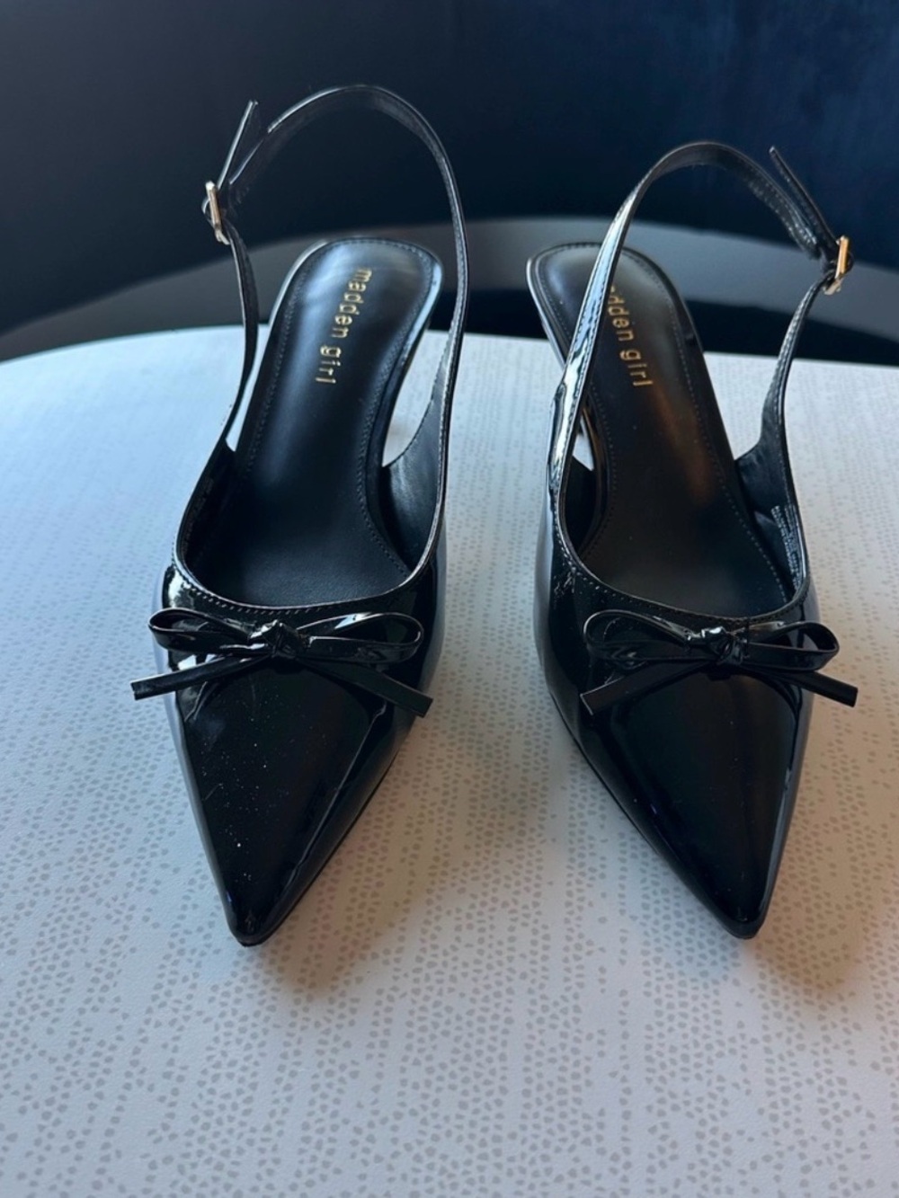 Madden Girl Black Patent Pointed Slingback Heels with Bow Accent